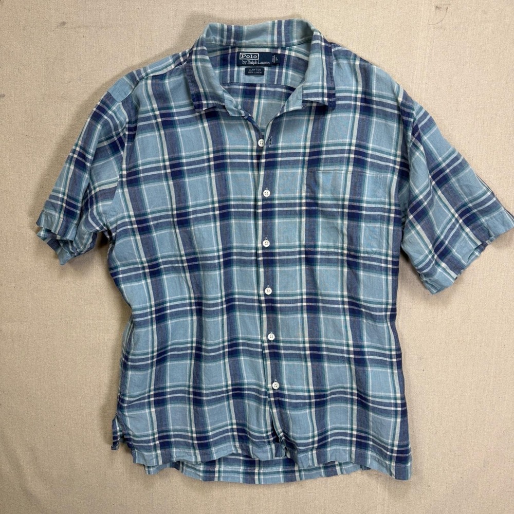 Polo Ralph Lauren Clayton 100% Linen Shirt Mens Large Blue Plaid Short Sleeve - Picture 7 of 7